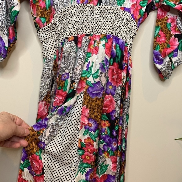 Diane Freis Vintage 100% Silk Floral Polka Dot Belted Elastic Fit & Flare Dress - Picture 10 of 17